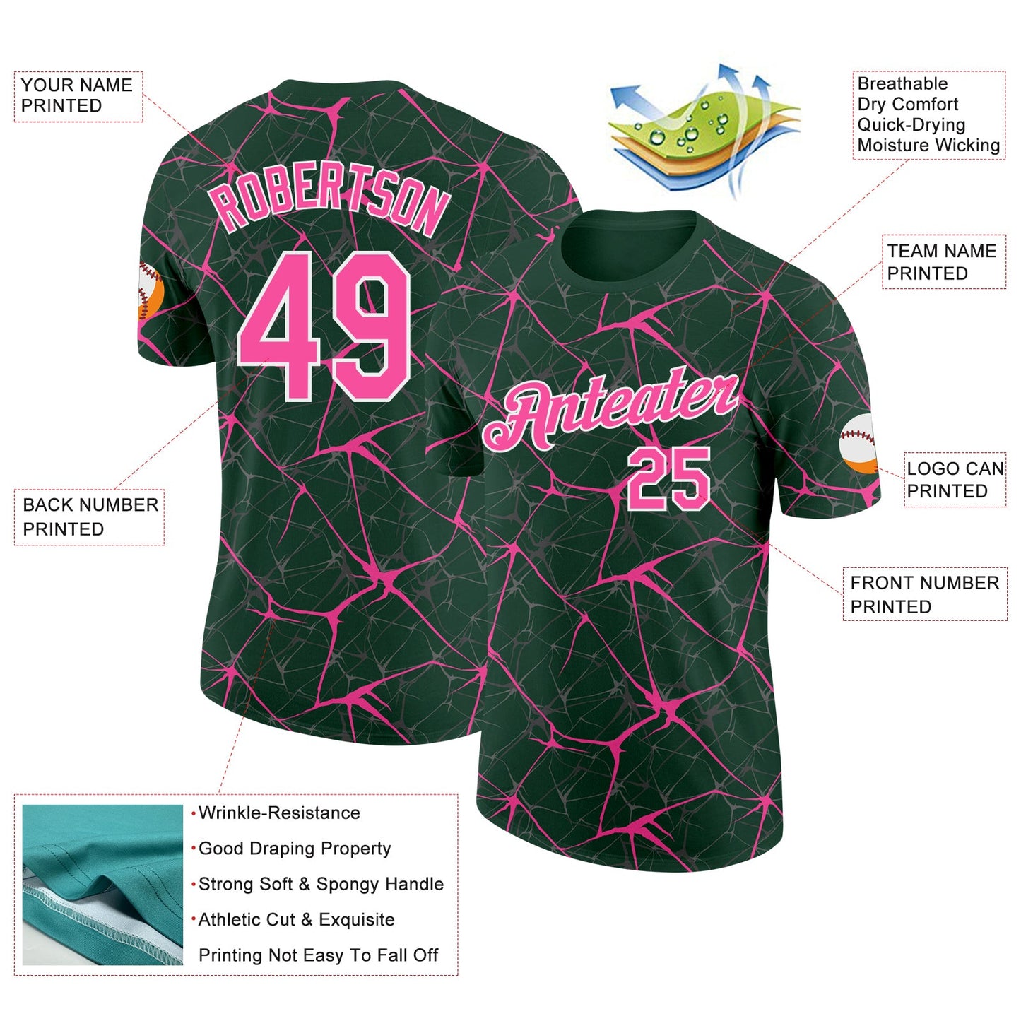 Custom Green Pink Gray-White Abstract Network Crackle Performance T-Shirt view 2