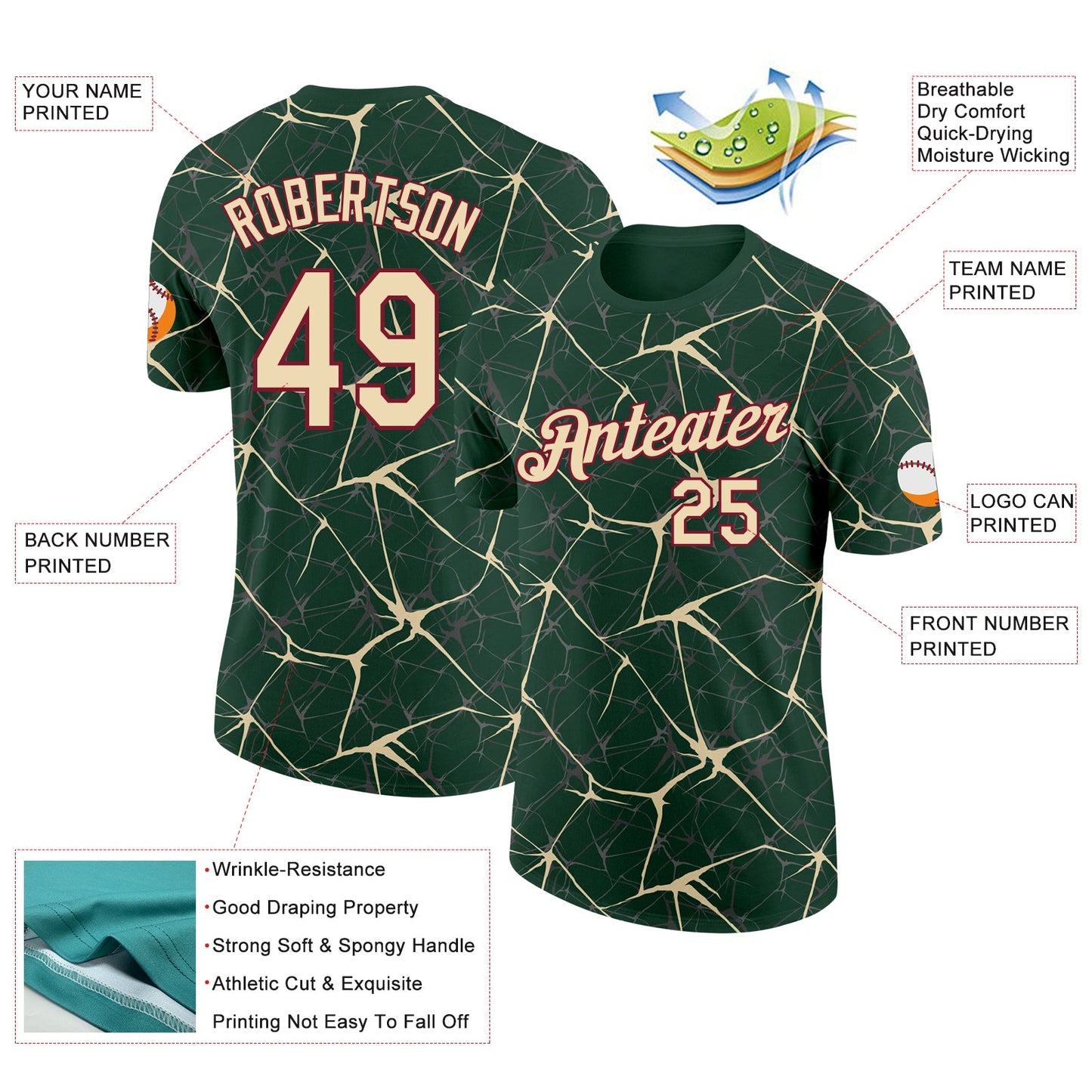 Custom Green Cream Gray-Crimson Abstract Network Crackle Performance T-Shirt view 2