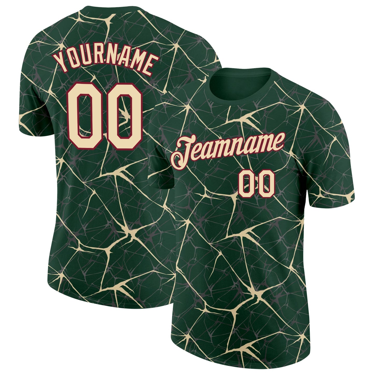 Custom Green Cream Gray-Crimson Abstract Network Crackle Performance T-Shirt - Main View
