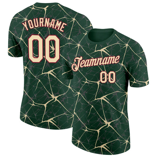 Custom Green Cream Gray-Crimson Abstract Network Crackle Performance T-Shirt - Main View