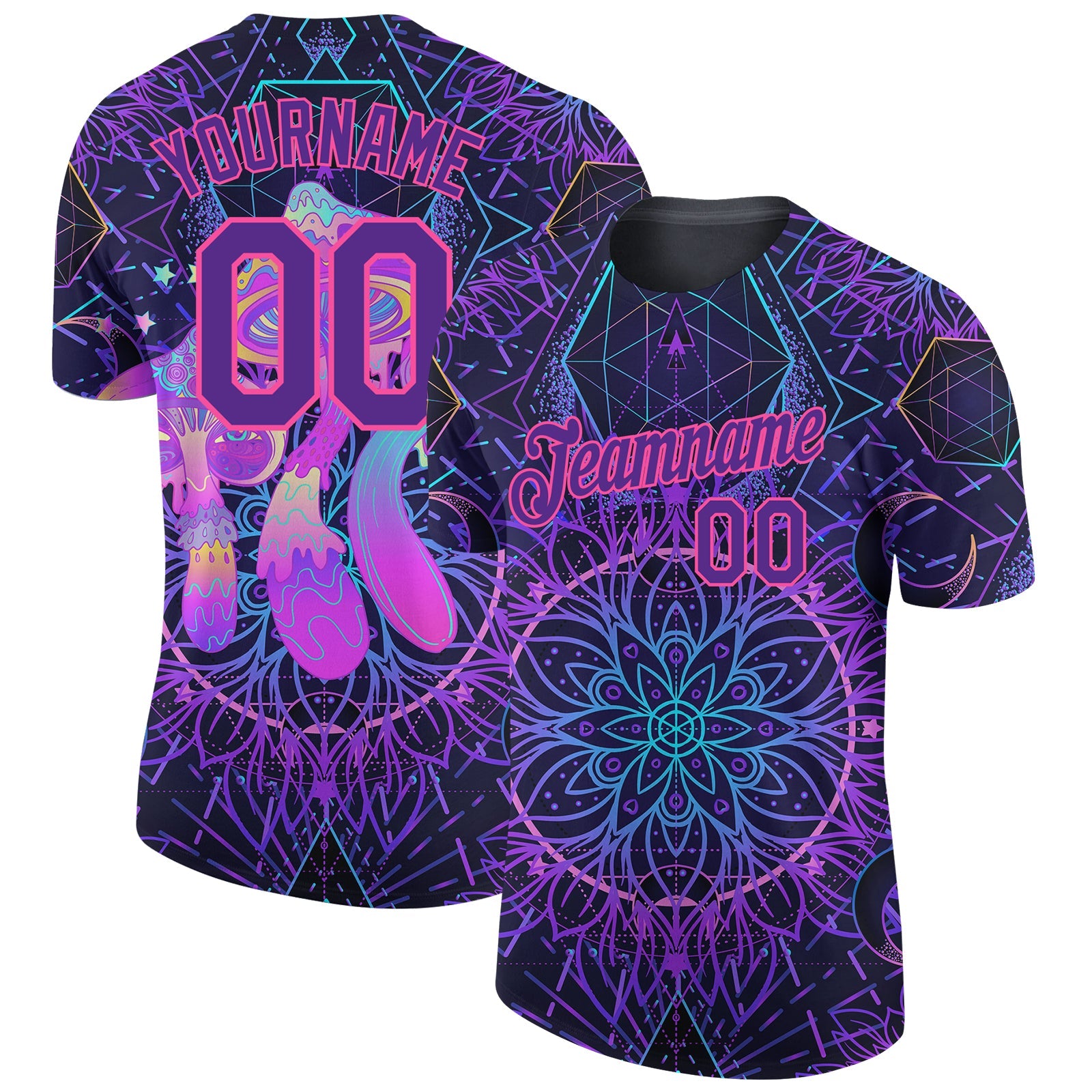 Custom Black Purple-Pink 3D Pattern Design Magic Mushrooms Over Sacred Geometry Psychedelic Hallucination Performance T-Shirt - Main View