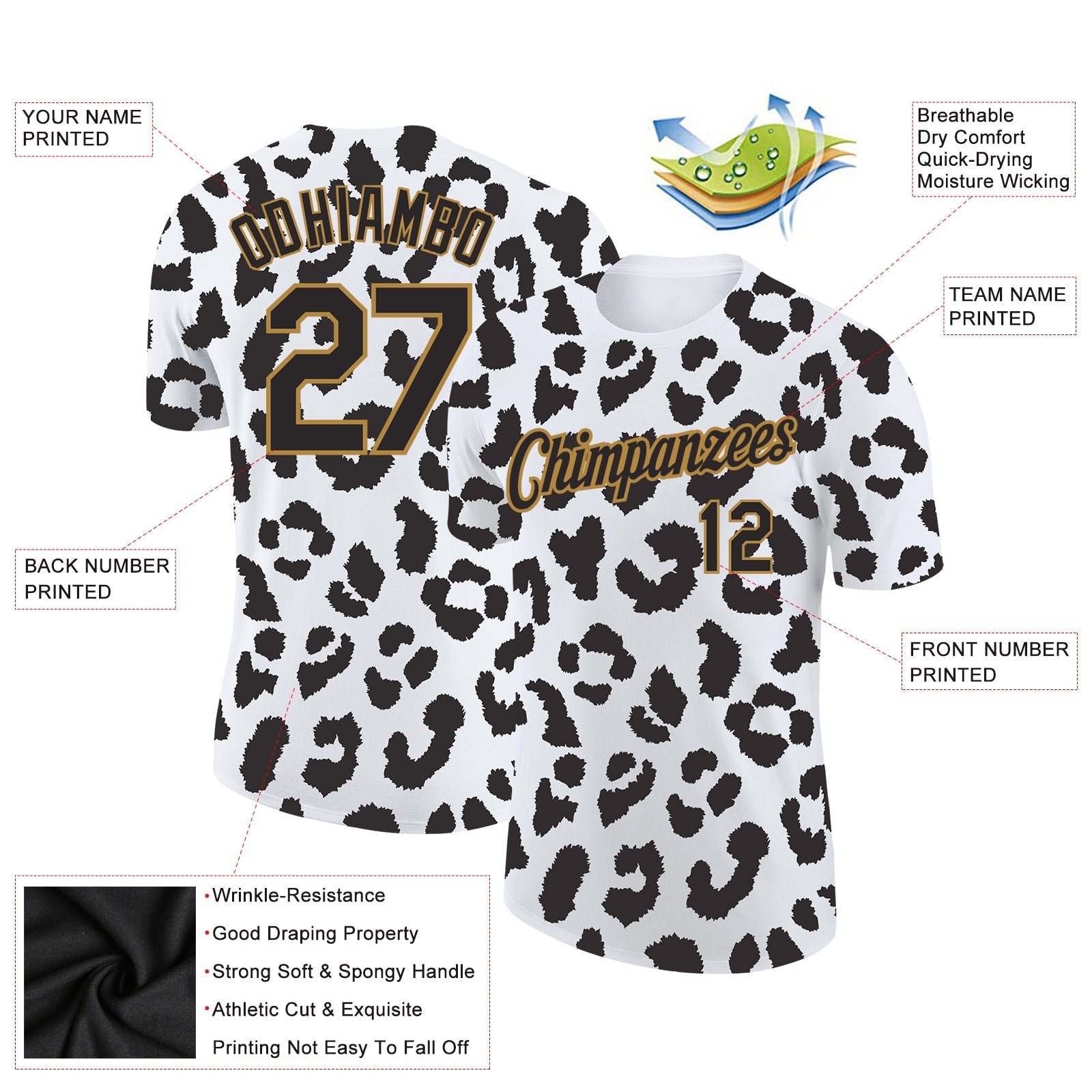 Custom White Black-Old Gold 3D Pattern Design Leopard Performance T-Shirt view 2