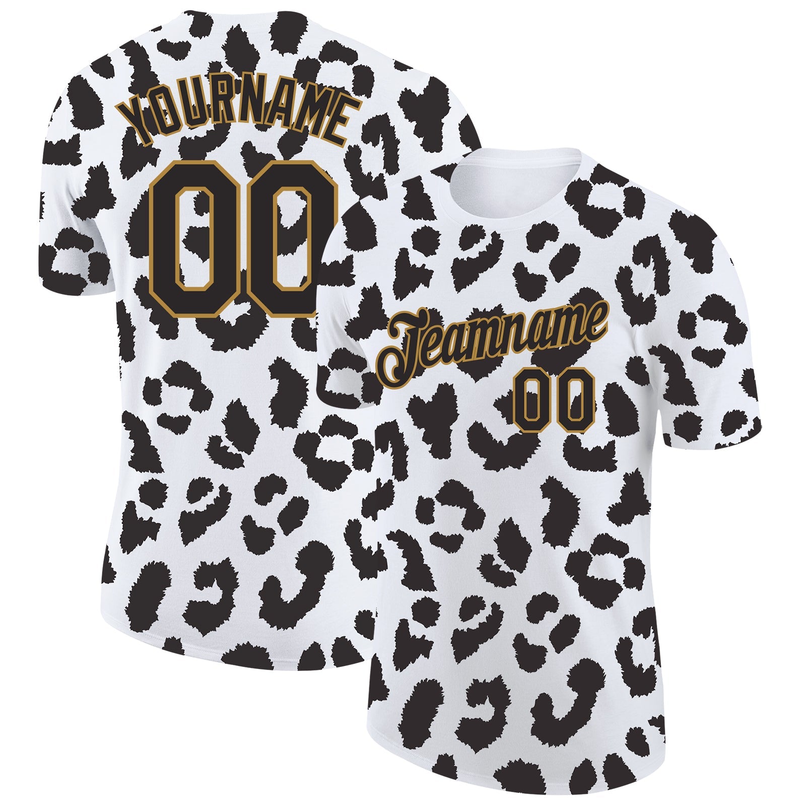 Custom White Black-Old Gold 3D Pattern Design Leopard Performance T-Shirt - Main View