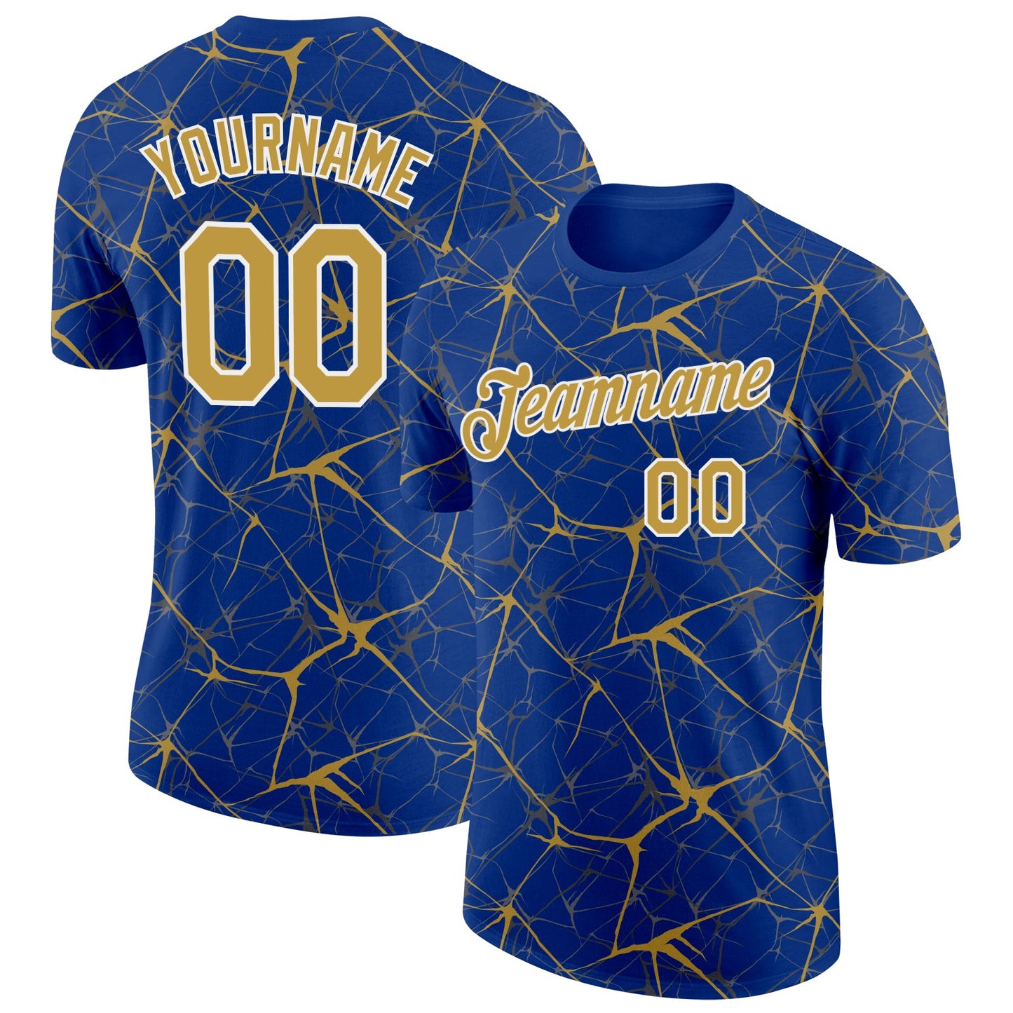 Custom Royal Old Gold Gray-White Abstract Network Crackle Performance T-Shirt - Main View