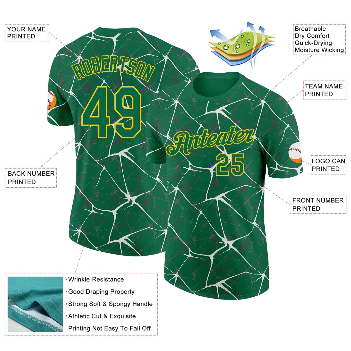 Custom Kelly Green White Gray-Yellow Abstract Network Crackle Performance T-Shirt view 2