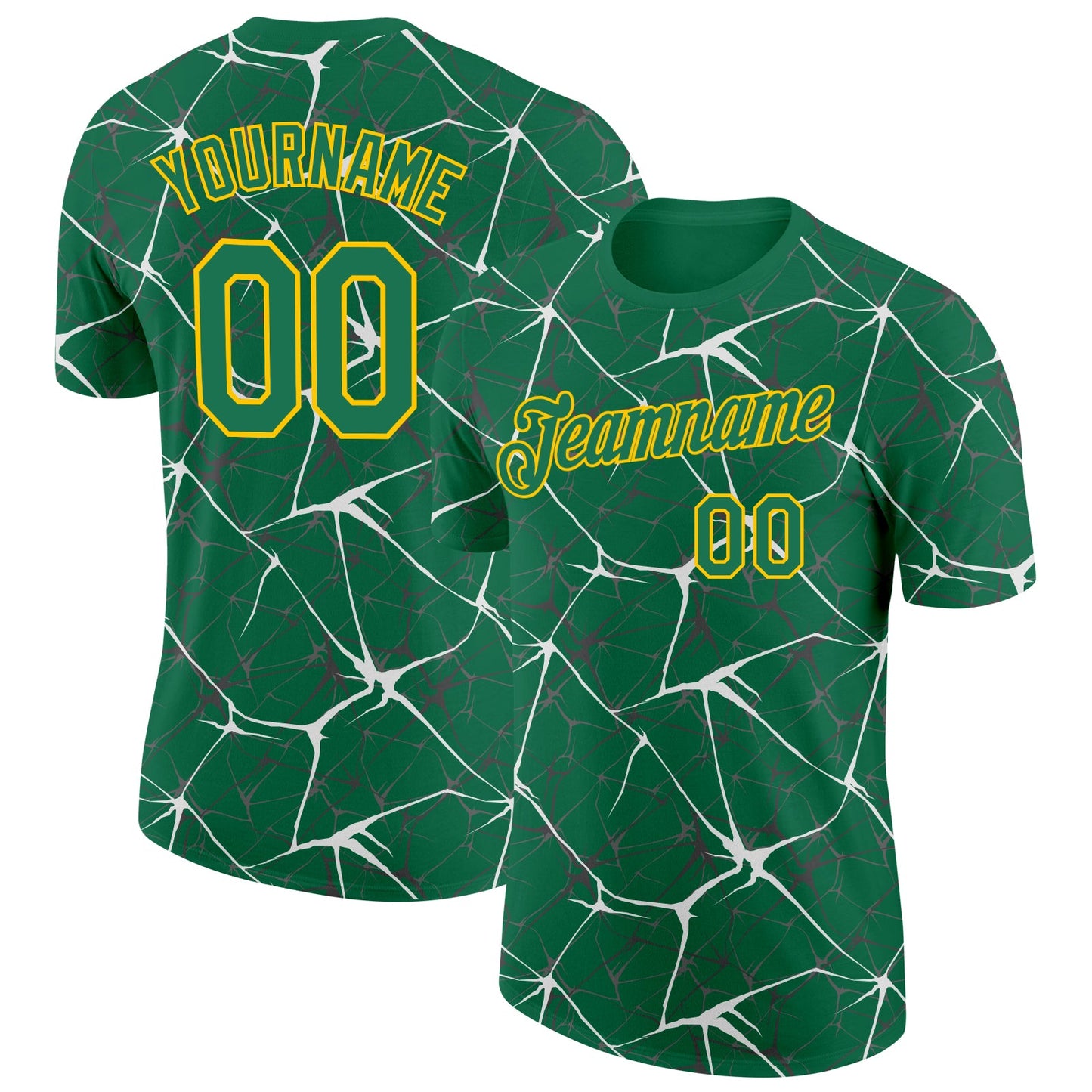 Custom Kelly Green White Gray-Yellow Abstract Network Crackle Performance T-Shirt - Main View