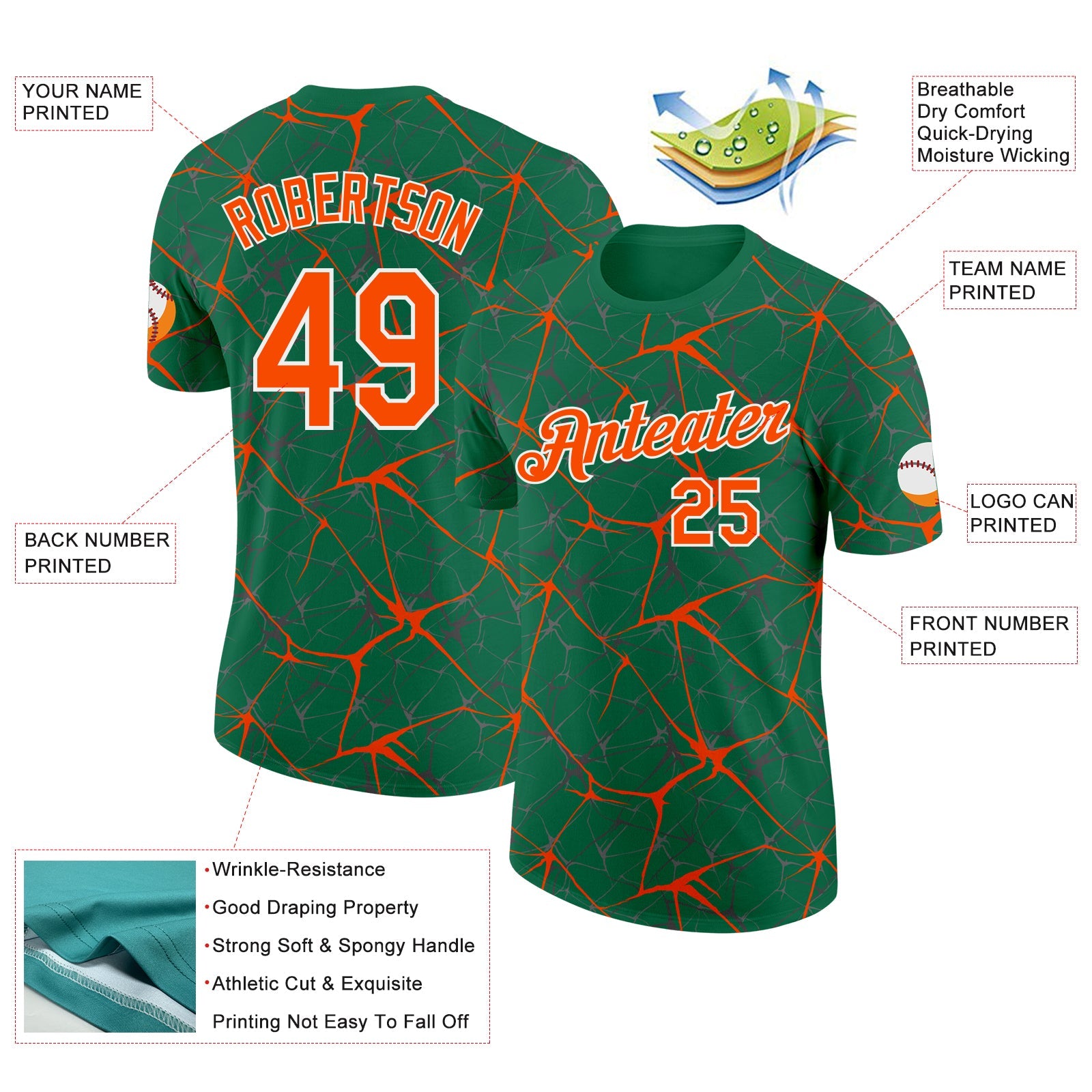 Custom Kelly Green Orange Gray-White Abstract Network Crackle Performance T-Shirt view 2