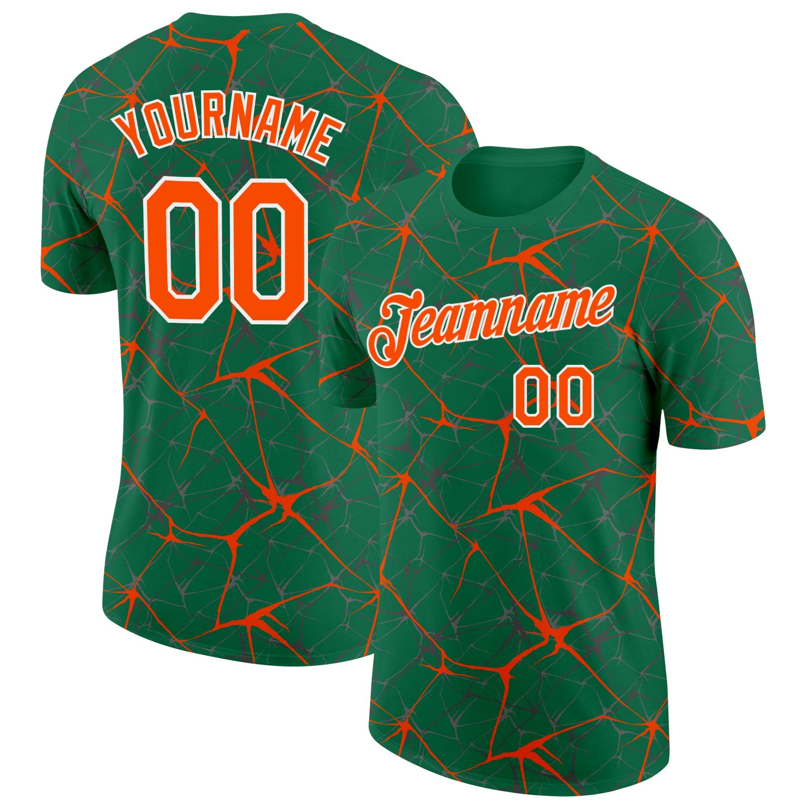 Custom Kelly Green Orange Gray-White Abstract Network Crackle Performance T-Shirt - Main View