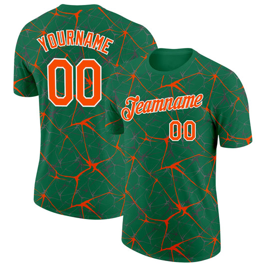Custom Kelly Green Orange Gray-White Abstract Network Crackle Performance T-Shirt - Main View