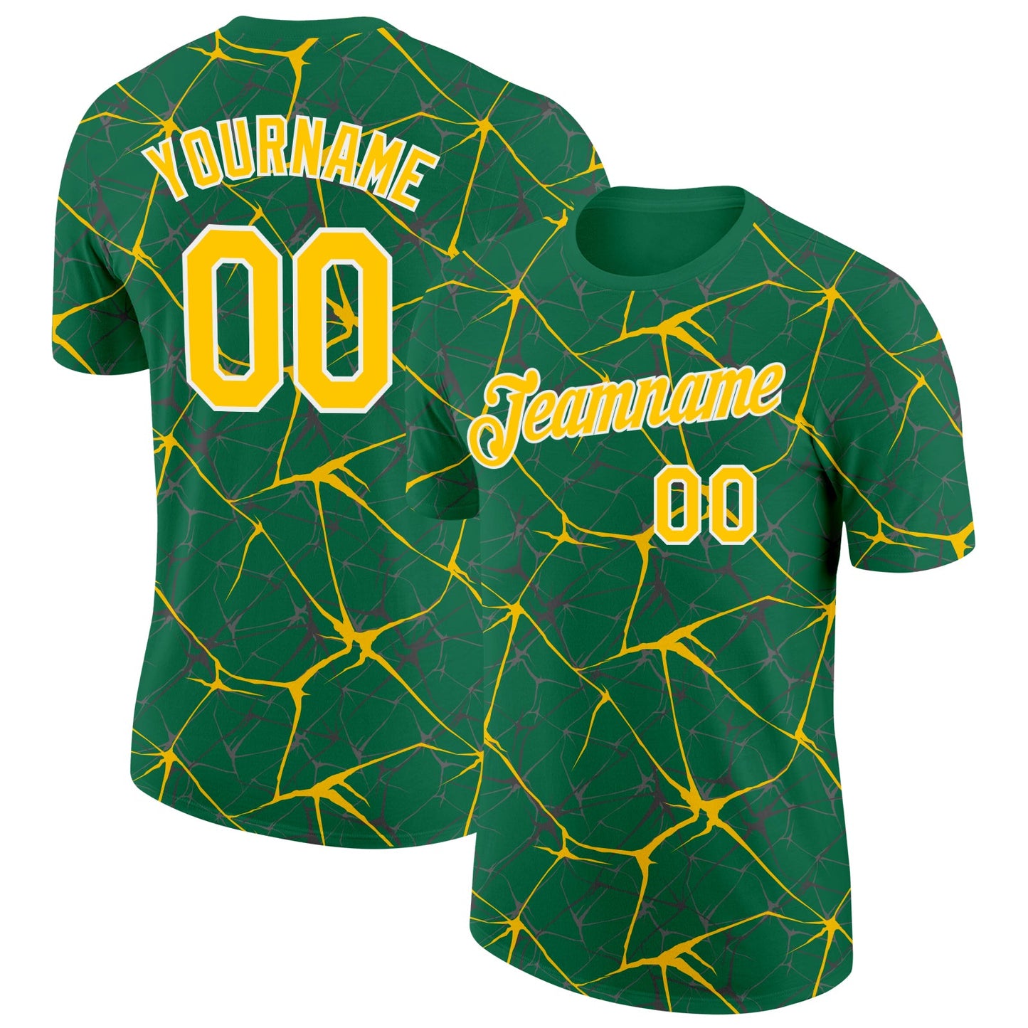 Custom Kelly Green Yellow Gray-White Abstract Network Crackle Performance T-Shirt - Main View