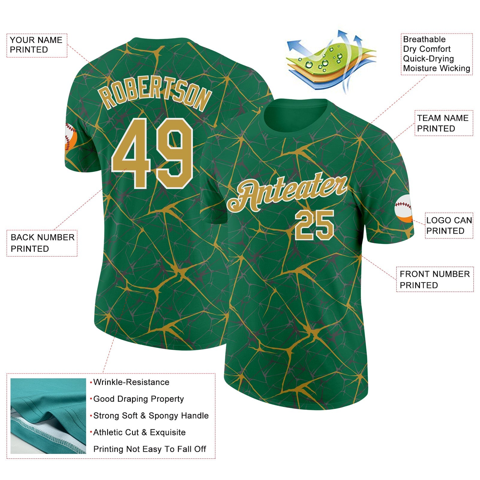 Custom Kelly Green Old Gold Gray-White Abstract Network Crackle Performance T-Shirt view 2
