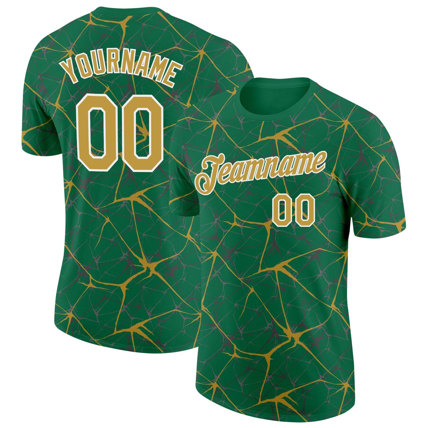 Custom Kelly Green Old Gold Gray-White Abstract Network Crackle Performance T-Shirt - Main View