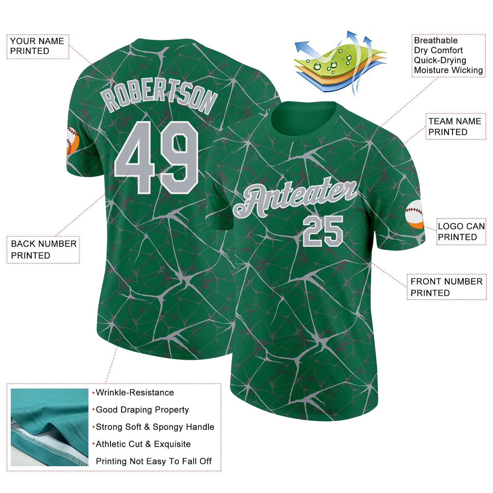 Custom Kelly Green Gray-White Abstract Network Crackle Performance T-Shirt view 2