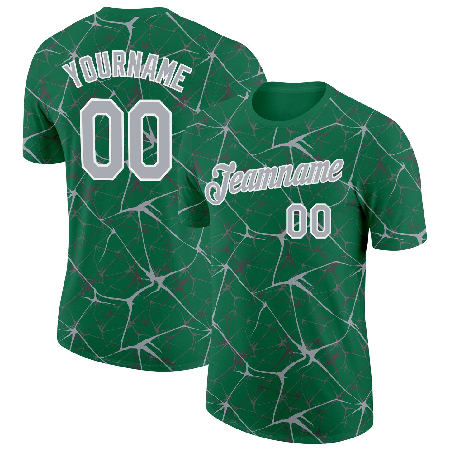Custom Kelly Green Gray-White Abstract Network Crackle Performance T-Shirt - Main View