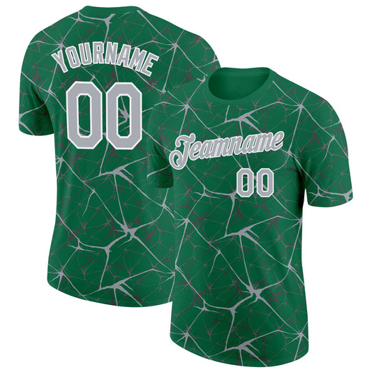 Custom Kelly Green Gray-White Abstract Network Crackle Performance T-Shirt - Main View