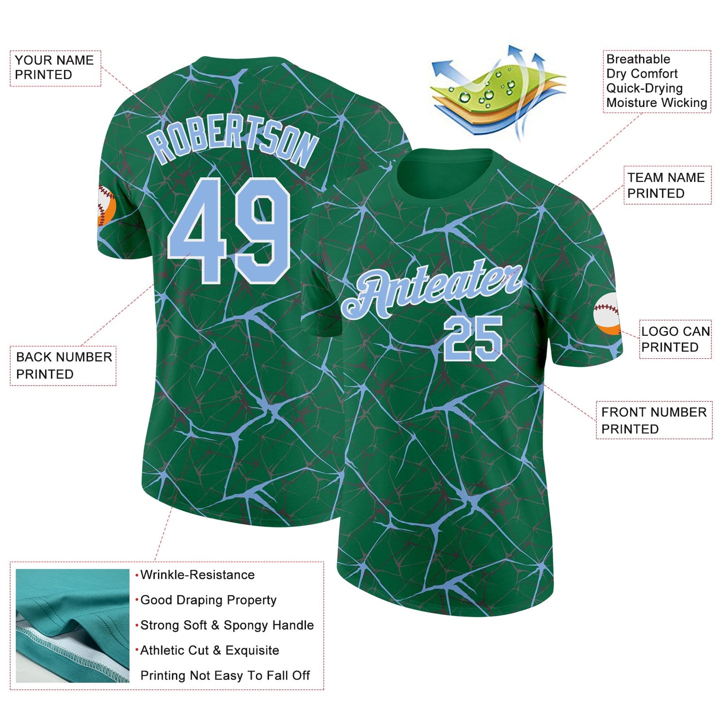 Custom Kelly Green Light Blue Gray-White Abstract Network Crackle Performance T-Shirt view 2