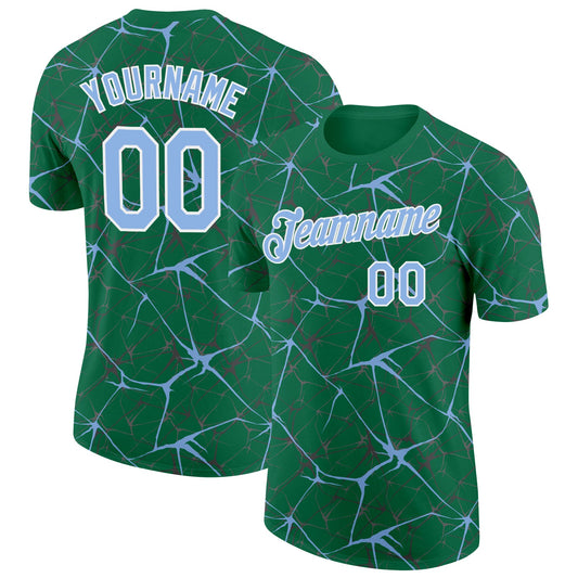 Custom Kelly Green Light Blue Gray-White Abstract Network Crackle Performance T-Shirt - Main View