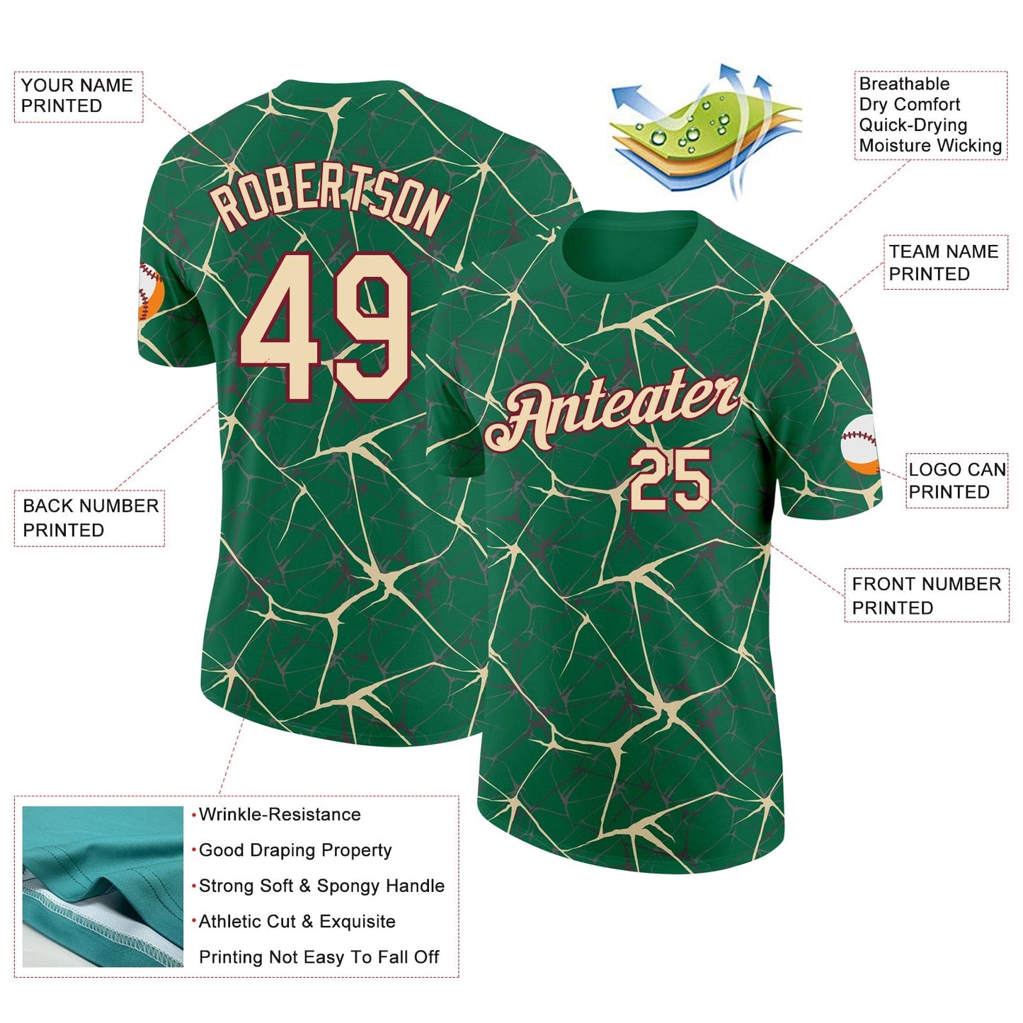 Custom Kelly Green Cream Gray-Crimson Abstract Network Crackle Performance T-Shirt view 2