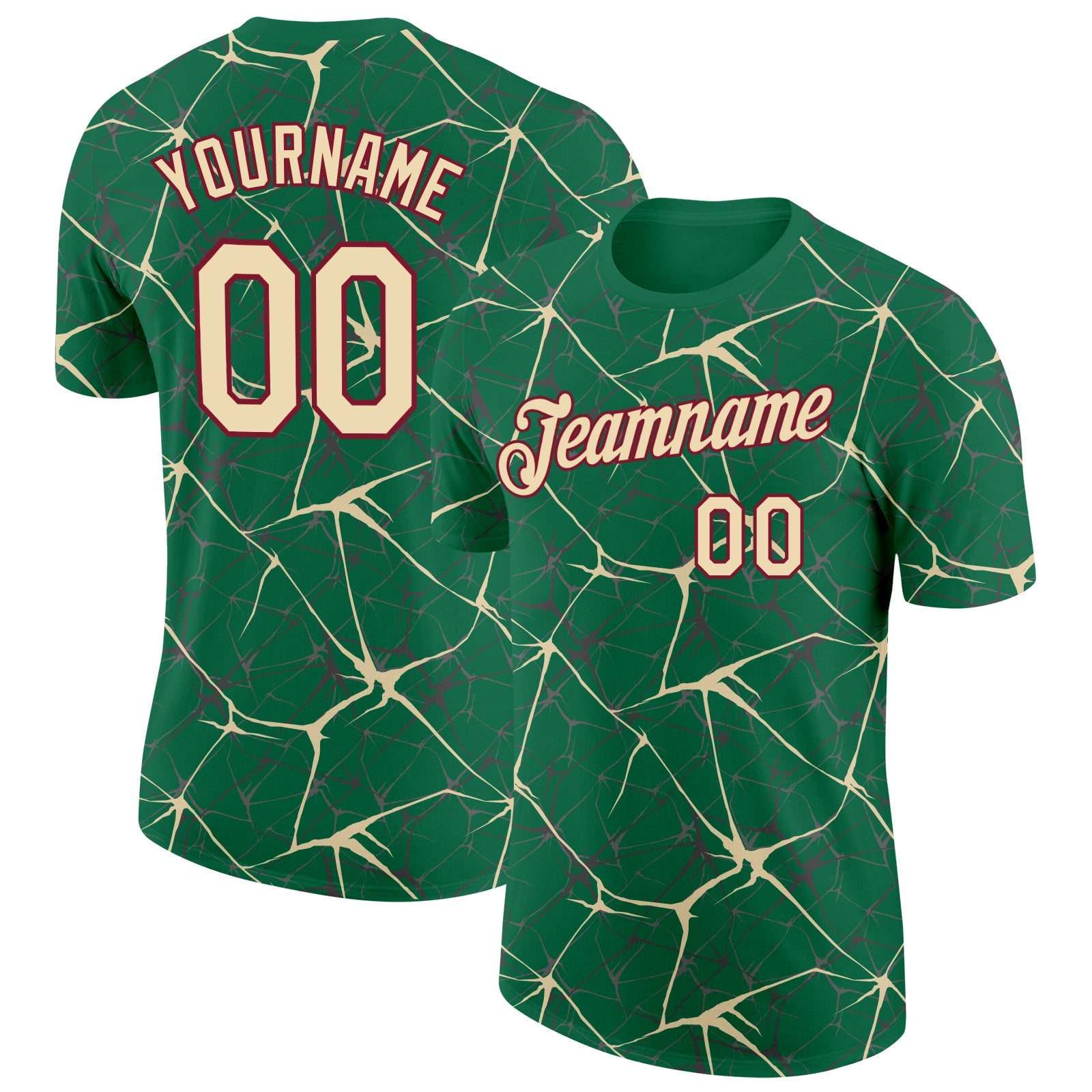 Custom Kelly Green Cream Gray-Crimson Abstract Network Crackle Performance T-Shirt - Main View