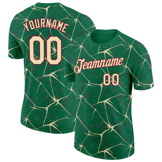 Custom Kelly Green Cream Gray-Crimson Abstract Network Crackle Performance T-Shirt - Main View