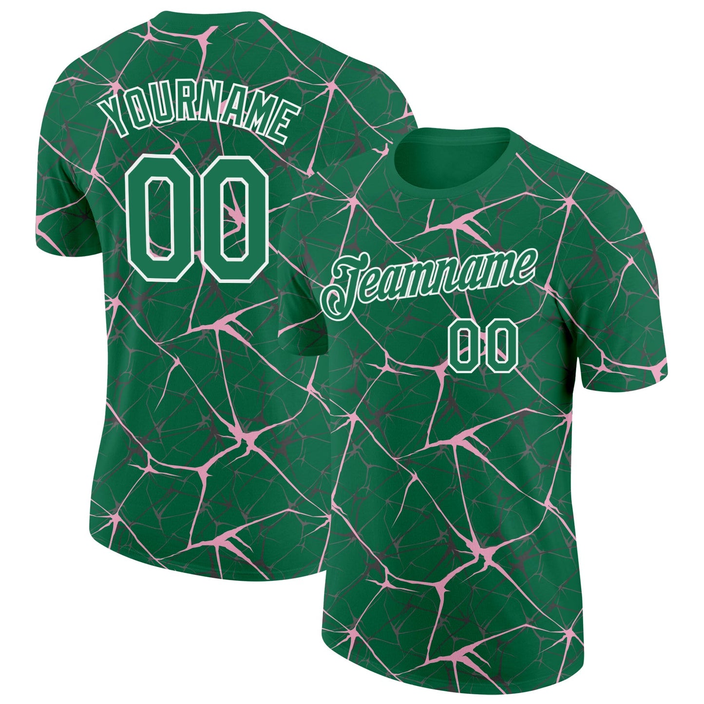 Custom Kelly Green Light Pink Gray-White Abstract Network Crackle Performance T-Shirt - Main View