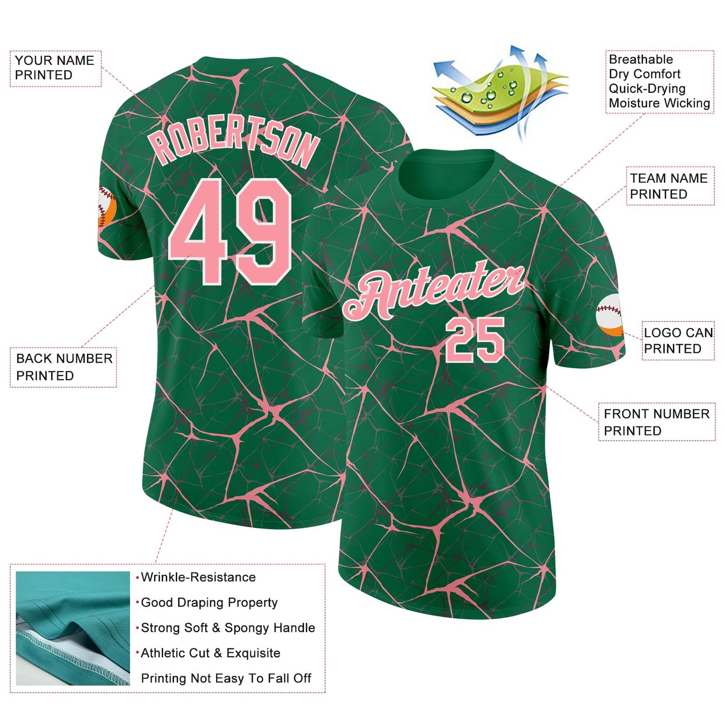 Custom Kelly Green Medium Pink Gray-White Abstract Network Crackle Performance T-Shirt view 2