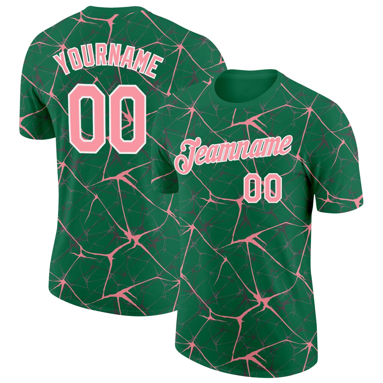 Custom Kelly Green Medium Pink Gray-White Abstract Network Crackle Performance T-Shirt - Main View