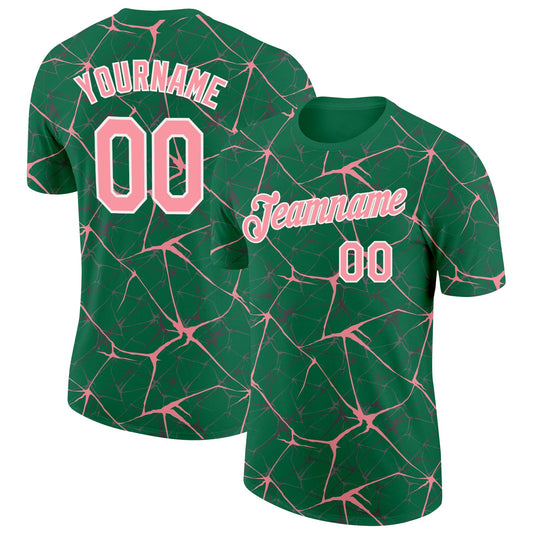 Custom Kelly Green Medium Pink Gray-White Abstract Network Crackle Performance T-Shirt - Main View