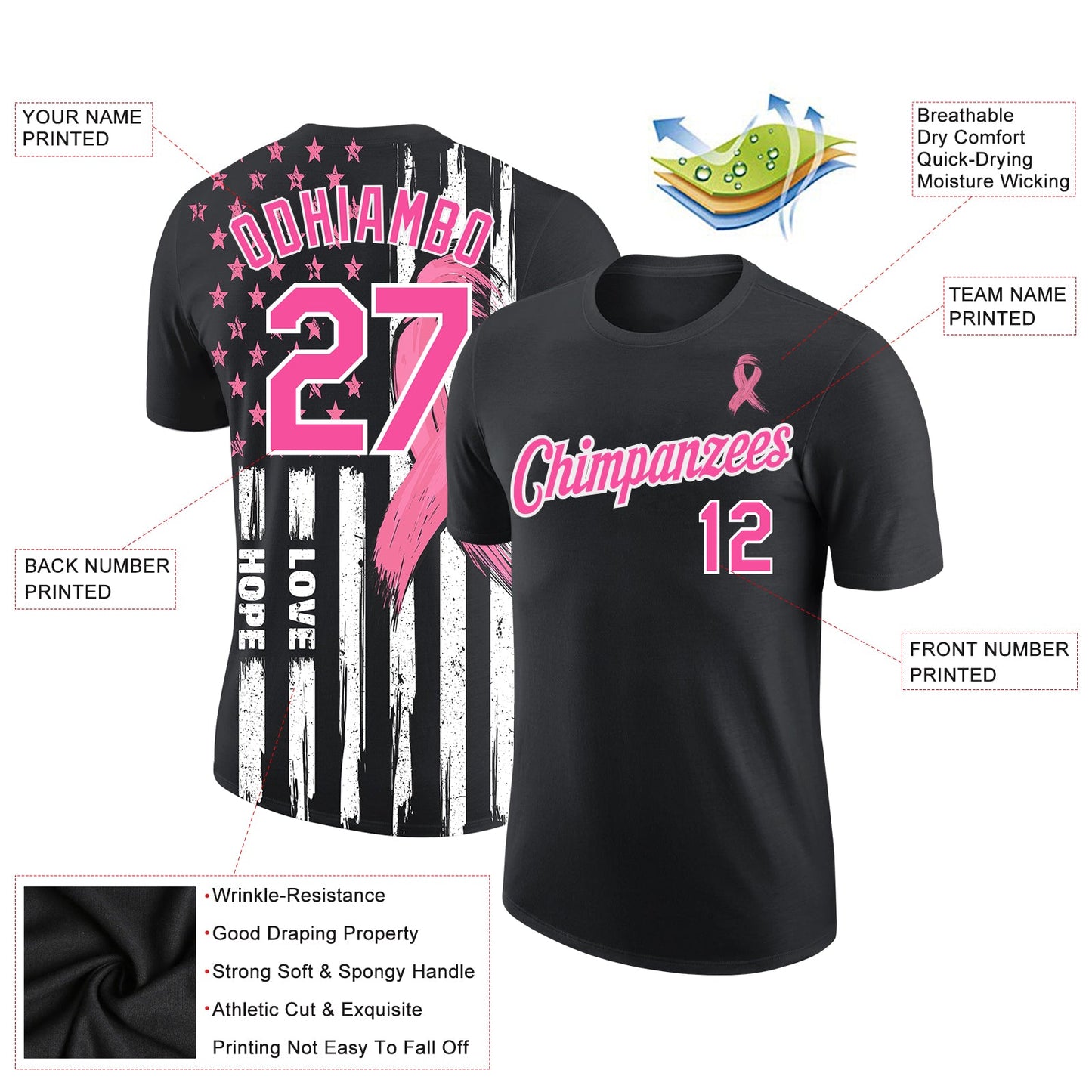 Custom Black Pink-White 3D Pattern Design American Flag With Pink Ribbon Breast Cancer Awareness Month Women Health Care Support Performance T-Shirt view 2
