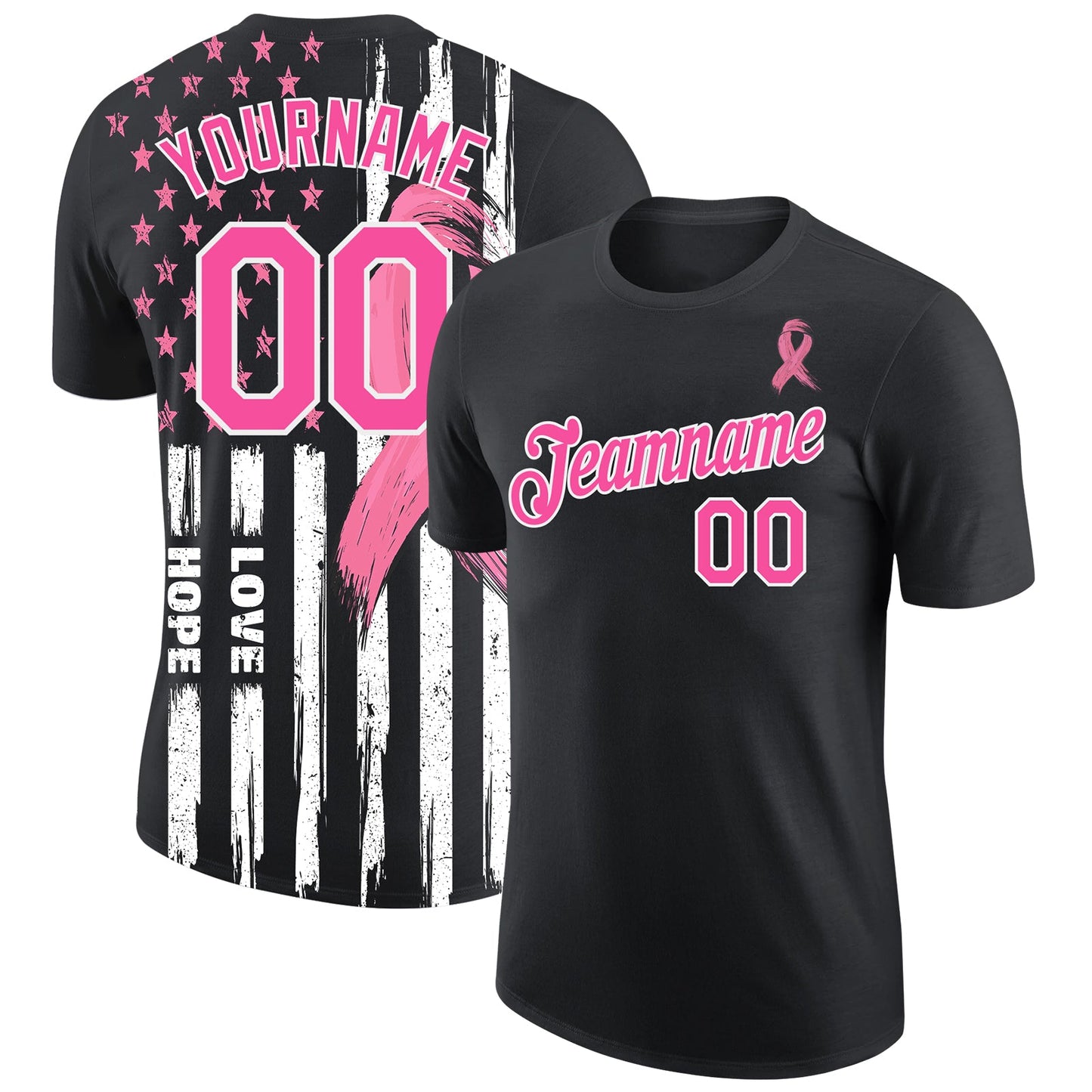 Custom Black Pink-White 3D Pattern Design American Flag With Pink Ribbon Breast Cancer Awareness Month Women Health Care Support Performance T-Shirt - Main View