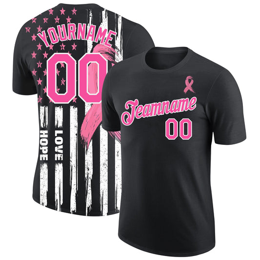 Custom Black Pink-White 3D Pattern Design American Flag With Pink Ribbon Breast Cancer Awareness Month Women Health Care Support Performance T-Shirt - Main View