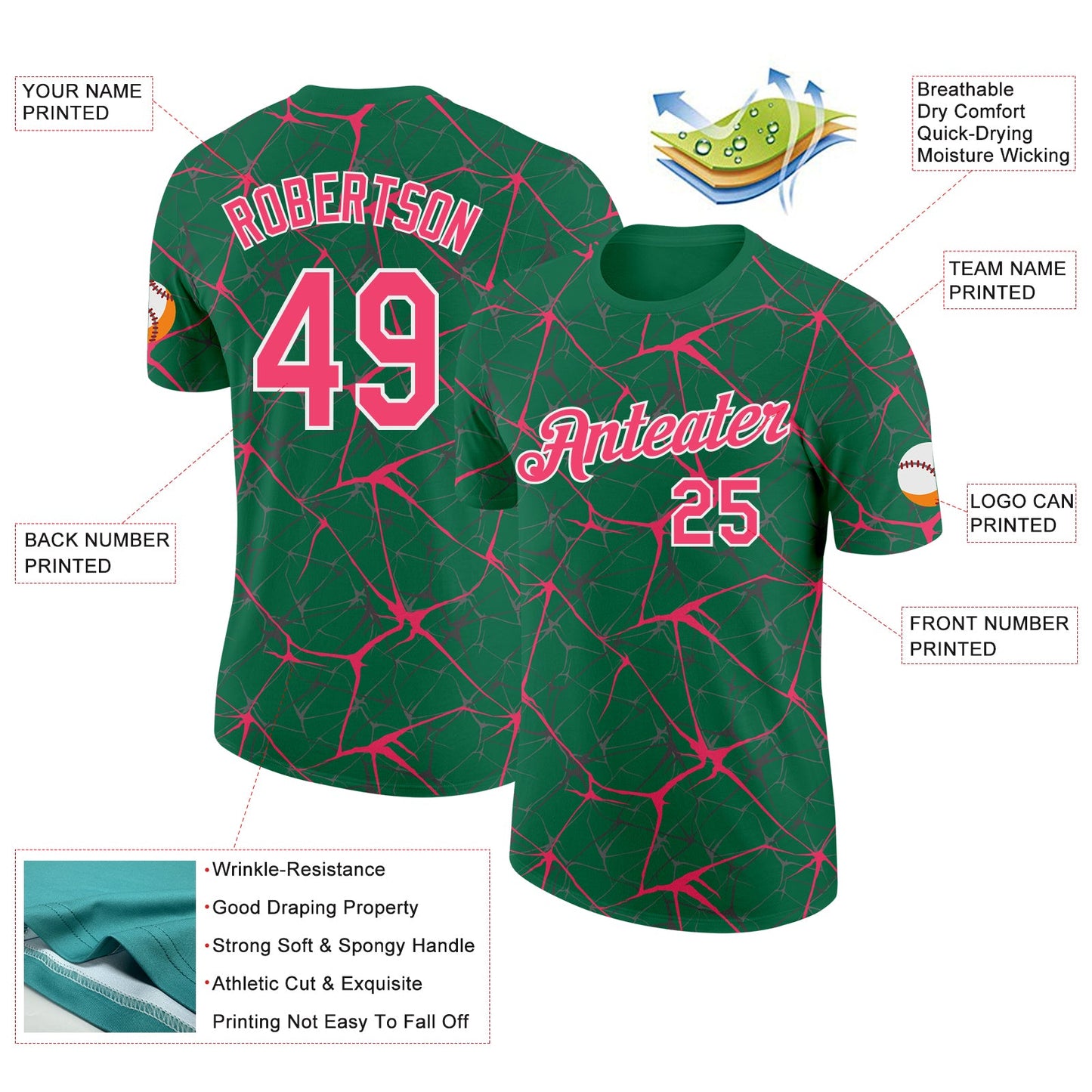 Custom Kelly Green Neon Pink Gray-White Abstract Network Crackle Performance T-Shirt view 2