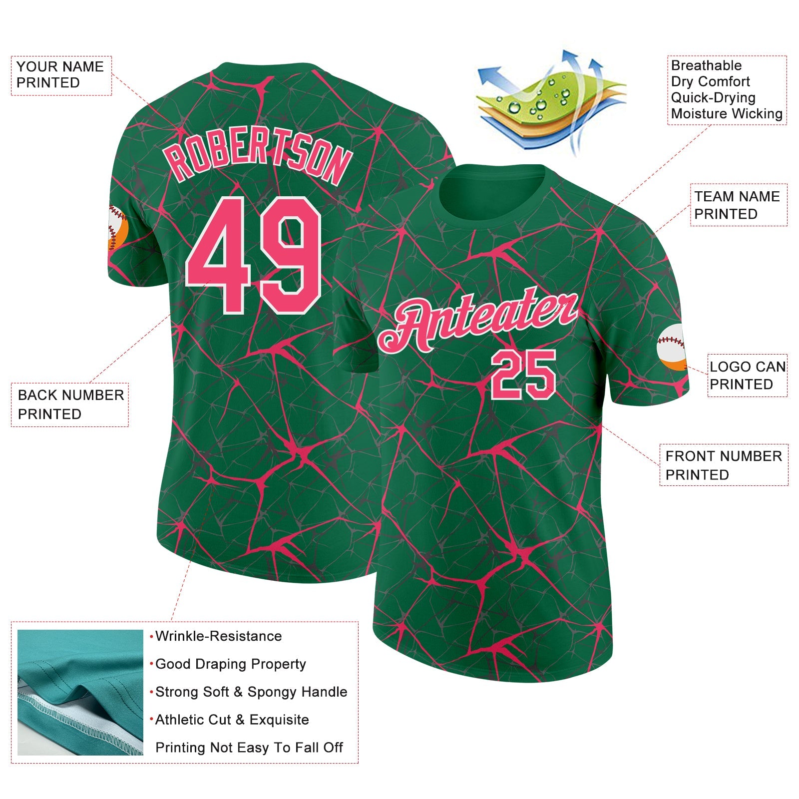 Custom Kelly Green Neon Pink Gray-White Abstract Network Crackle Performance T-Shirt view 2