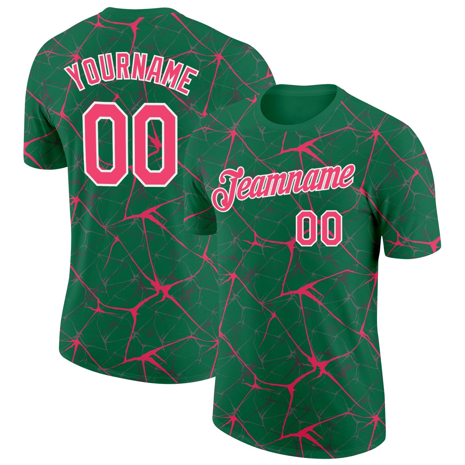 Custom Kelly Green Neon Pink Gray-White Abstract Network Crackle Performance T-Shirt - Main View