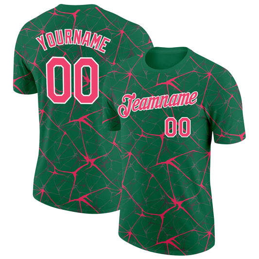 Custom Kelly Green Neon Pink Gray-White Abstract Network Crackle Performance T-Shirt - Main View