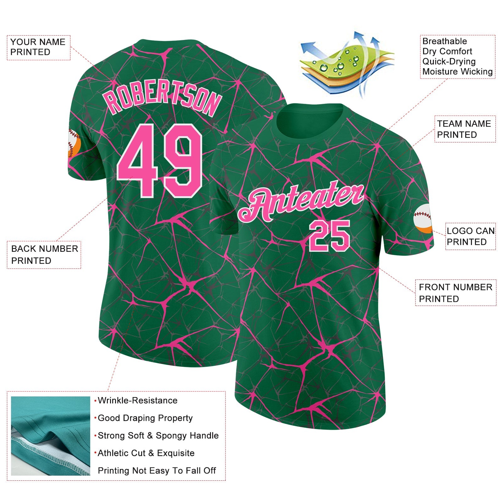 Custom Kelly Green Pink Gray-White Abstract Network Crackle Performance T-Shirt view 2