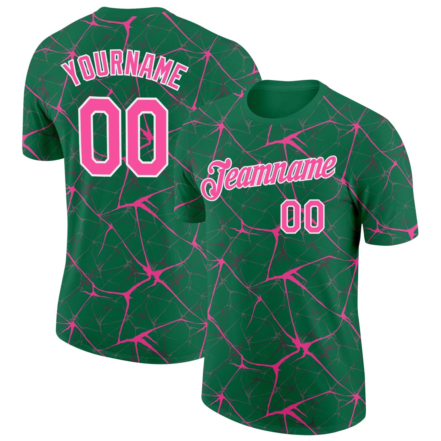 Custom Kelly Green Pink Gray-White Abstract Network Crackle Performance T-Shirt - Main View