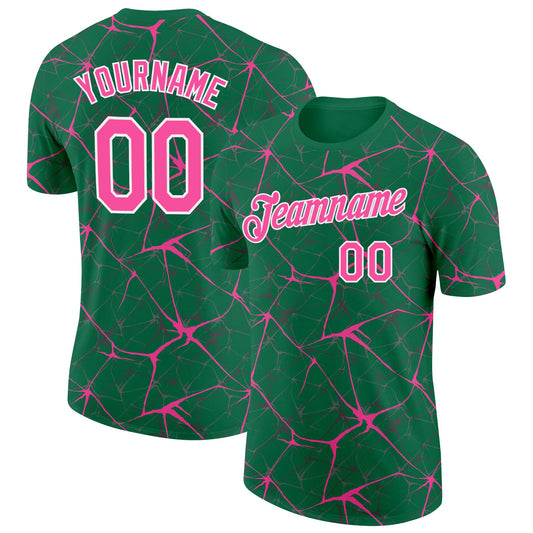 Custom Kelly Green Pink Gray-White Abstract Network Crackle Performance T-Shirt - Main View