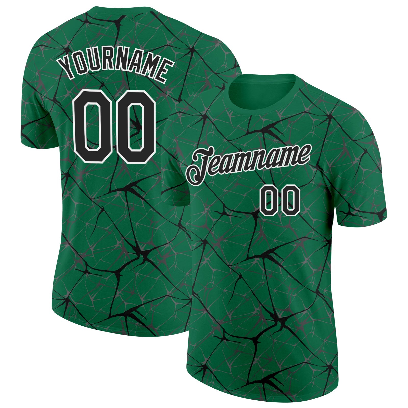 Custom Kelly Green Black Gray-White Abstract Network Crackle Performance T-Shirt - Main View