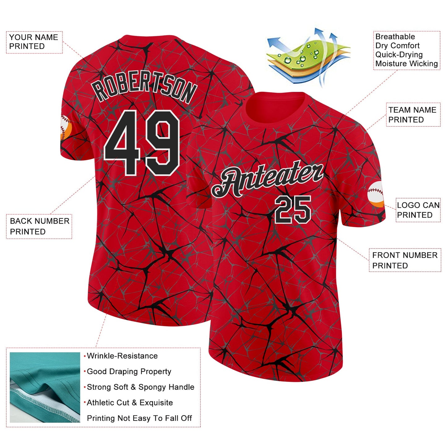 Custom Red Black Gray-White Abstract Network Crackle Performance T-Shirt view 2