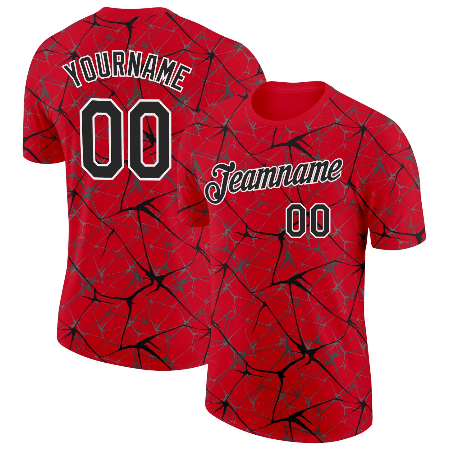 Custom Red Black Gray-White Abstract Network Crackle Performance T-Shirt - Main View