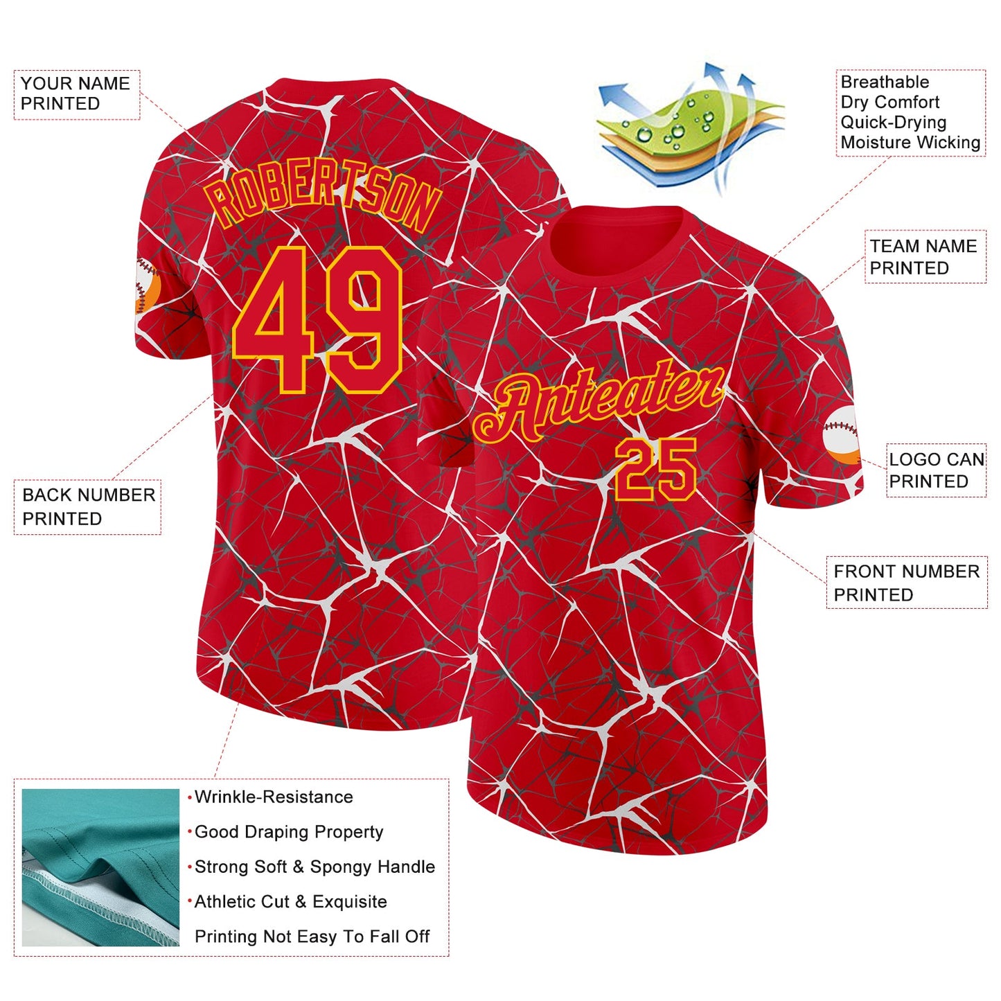Custom Red White Gray-Yellow Abstract Network Crackle Performance T-Shirt view 2