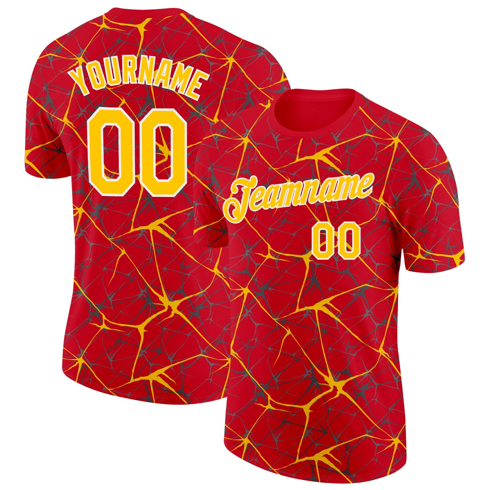 Custom Red Yellow Gray-White Abstract Network Crackle Performance T-Shirt - Main View