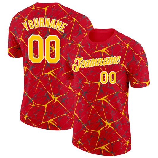 Custom Red Yellow Gray-White Abstract Network Crackle Performance T-Shirt - Main View