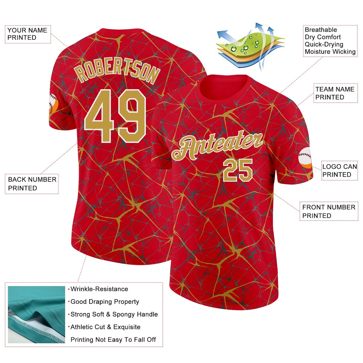 Custom Red Old Gold Gray-White Abstract Network Crackle Performance T-Shirt view 2