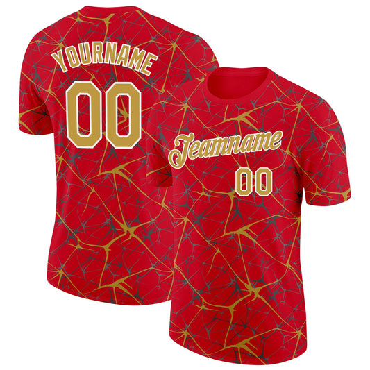 Custom Red Old Gold Gray-White Abstract Network Crackle Performance T-Shirt - Main View