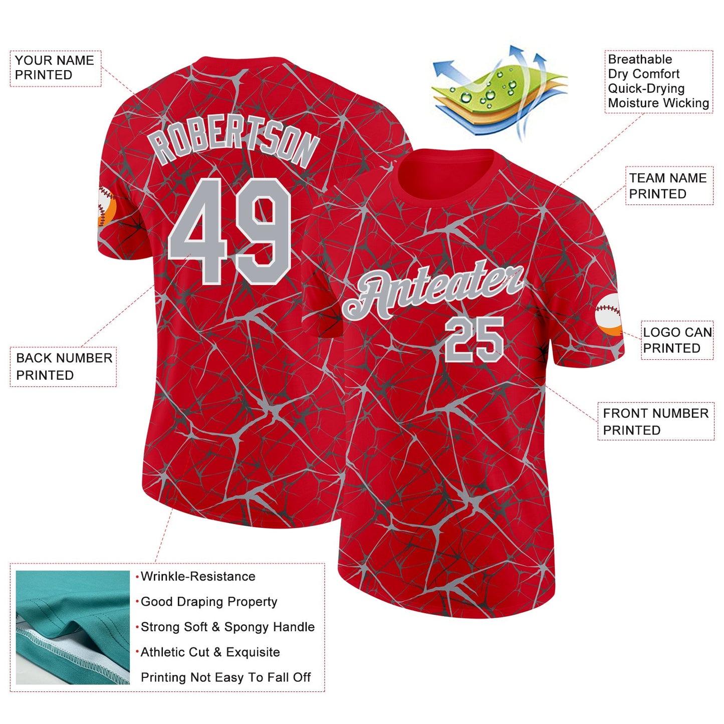 Custom Red Gray-White Abstract Network Crackle Performance T-Shirt view 2