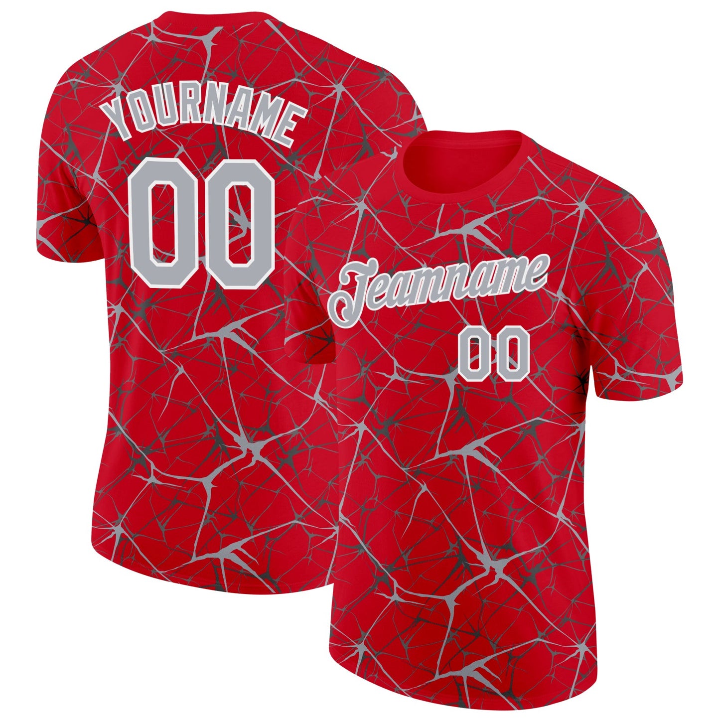 Custom Red Gray-White Abstract Network Crackle Performance T-Shirt - Main View