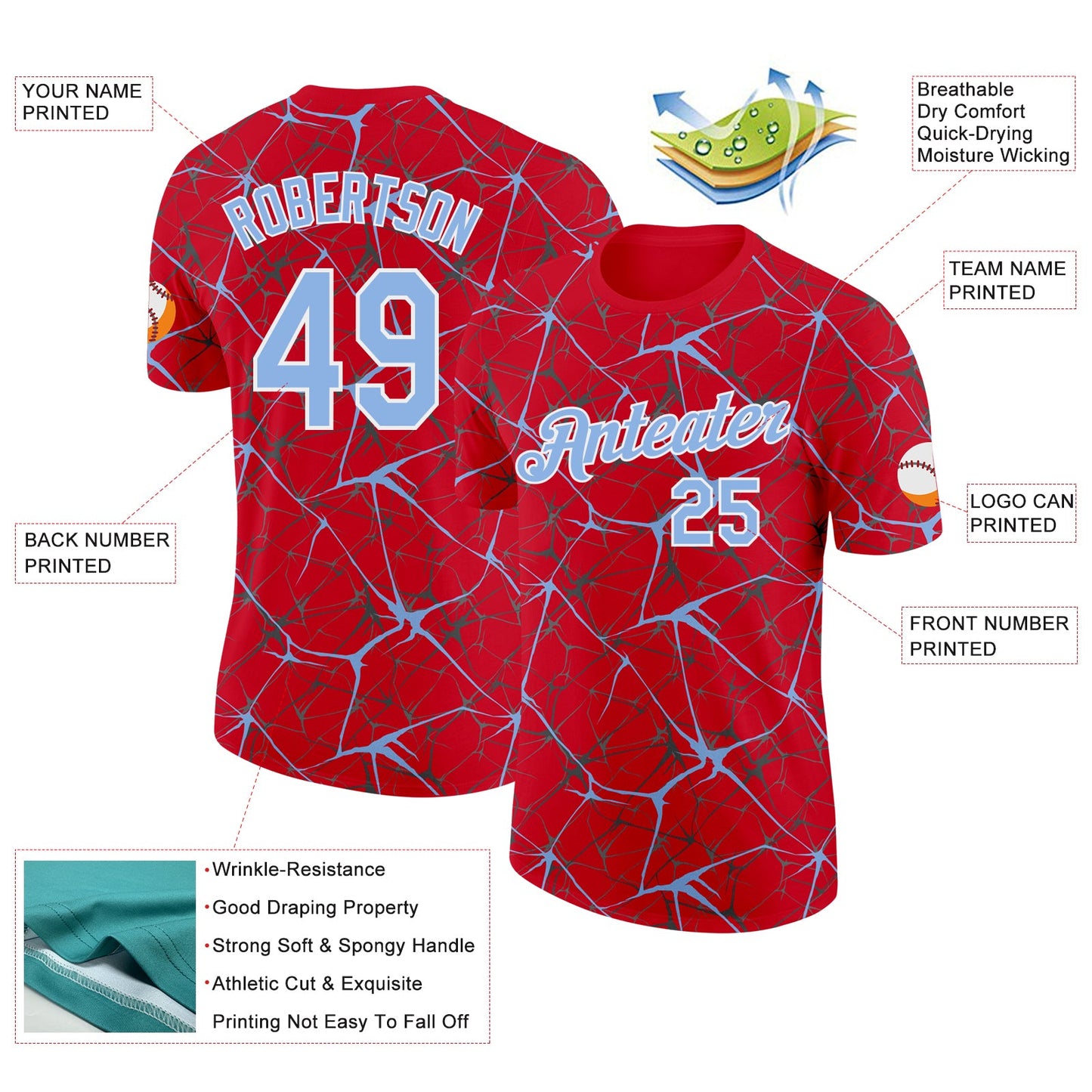 Custom Red Light Blue Gray-White Abstract Network Crackle Performance T-Shirt view 2