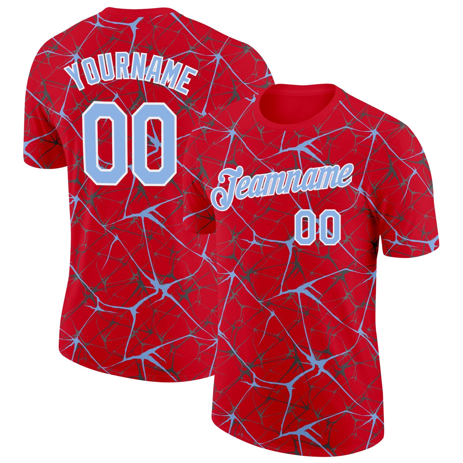 Custom Red Light Blue Gray-White Abstract Network Crackle Performance T-Shirt - Main View